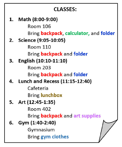 An example schedule with color-coded reminders.