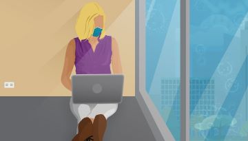 An artistic drawing of a person using a laptop. She wears a medical face mask. She stares out the window, which is a bleak blue color.