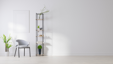 A room with calm grey walls, one chair and minimalist plant decorations. Natural light softly comes in from a window out of frame.